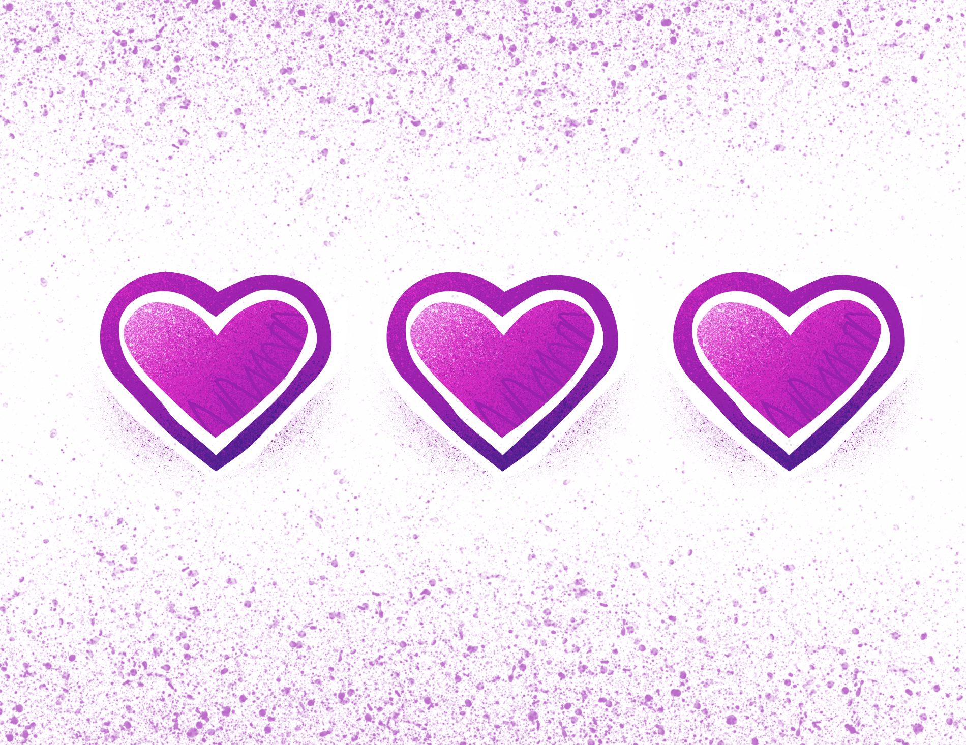 Three pink purple hearts on white spray texture